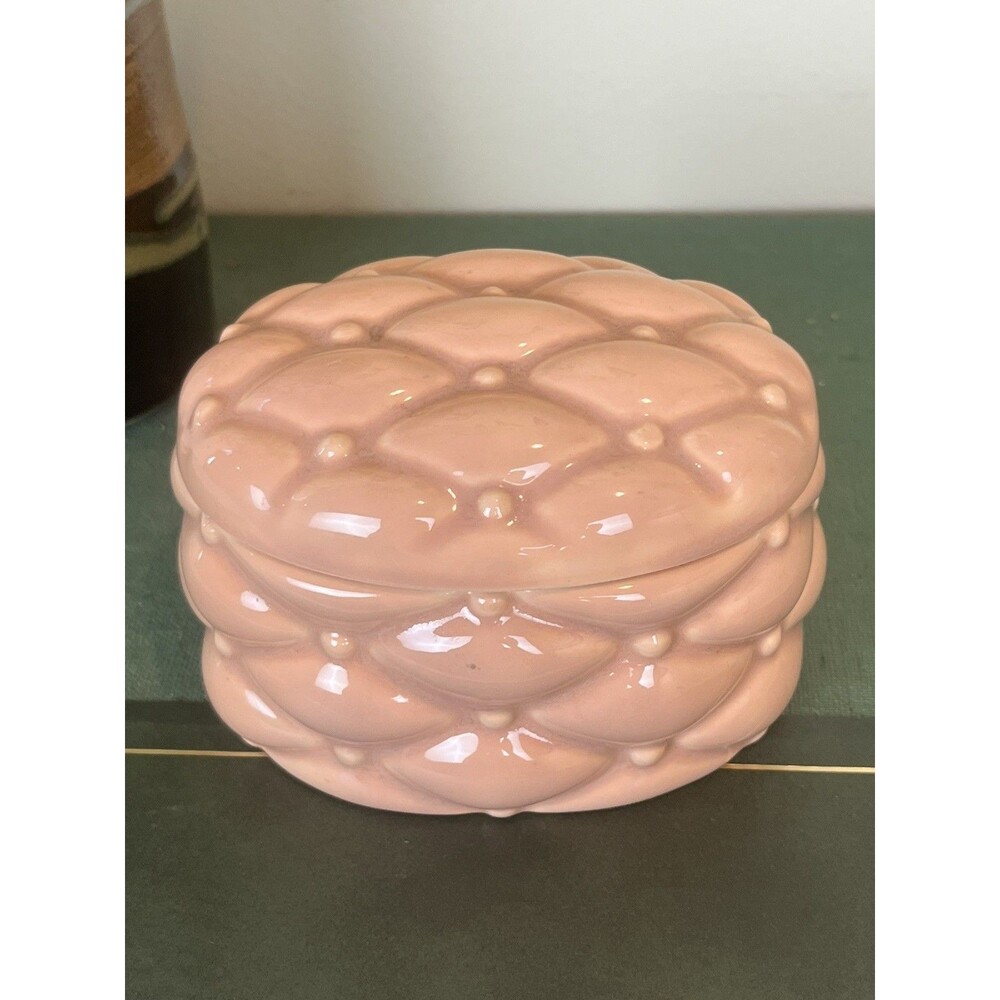 Vintage Mauve Ornate Ceramic Jewelry Trinket Dish With Matching Lid 5” x 3.5”